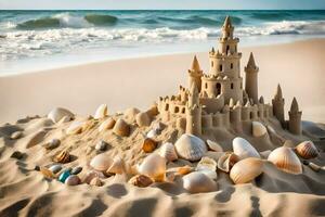 AI generated a sand castle with shells and seashells on the beach photo