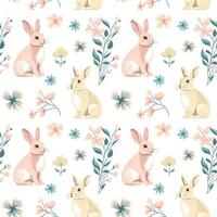 Vector seamless pattern with cute bunnies. Spring backgrounds in folk style. Vintage rabbits hand drawn print.