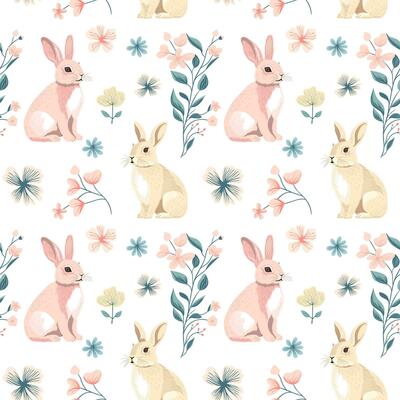 Vector seamless pattern with cute bunnies. Spring backgrounds in folk style. Vintage rabbits hand drawn print.