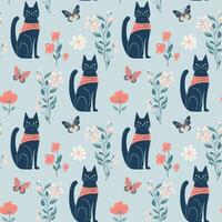 Vector seamless pattern with cats and flowers. Spring backgrounds in folk style. Floral wallpaper