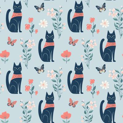 Vector seamless pattern with cats and flowers. Spring backgrounds in folk style. Floral wallpaper