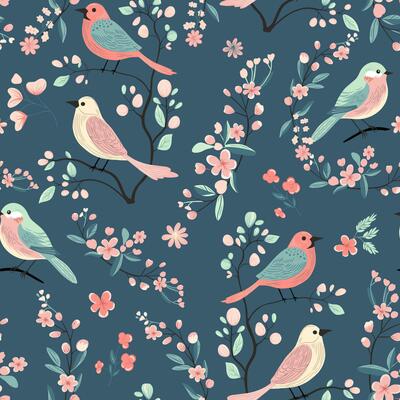 Vector seamless pattern with cute birds and flowers. Spring backgrounds. Hand drawn folk print.