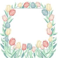 Spring frame. Trendy floral design with tulips in pastel colors. For poster, greeting card, banner. vector