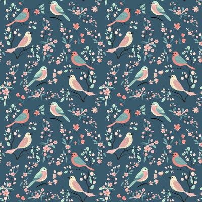 Vector seamless pattern with cute birds and flowers. Spring backgrounds. Hand drawn folk print.