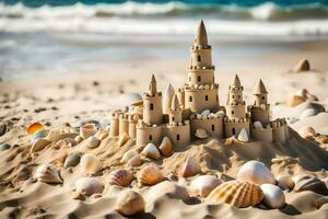 ai generado un arena castillo en el playa con conchas foto