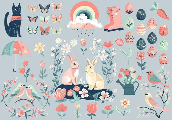 Spring design. Spring collection. Hand drawn spring elements flowers, bird, bunny. Vector illustration.