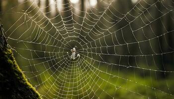 AI generated a spider web is shown in the middle of a forest photo