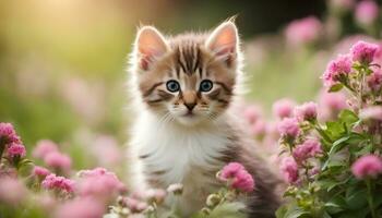 ai generado un gatito es sentado en un campo de rosado flores foto