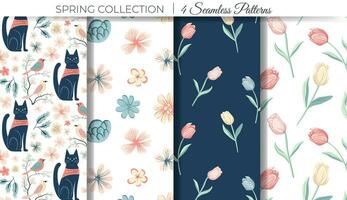 Set of spring backgrounds with cats and tulips. Spring seamless pattern. Easter ornament vector