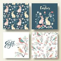 Set of Spring greeting cards and seamless pattern with birds and bunnies, spring template. Happy Easter frame vector