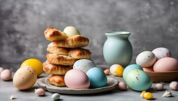 ai generado Pascua de Resurrección huevos y croissants en un mesa foto