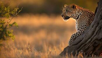 ai generado un leopardo sentado en un árbol maletero en el medio de un campo foto