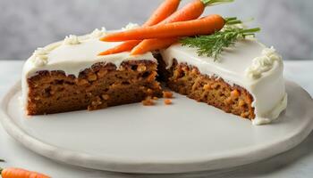 AI generated a carrot cake with cream cheese frosting and a carrot photo