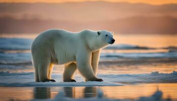 ai generado un polar oso en pie en el hielo a puesta de sol foto