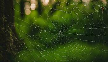 AI generated a spider web is shown in the middle of a forest photo