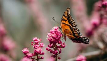 ai generado un mariposa es sentado en un rosado flor foto