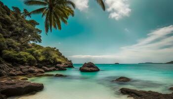 ai generado un hermosa playa con palma arboles y rocas foto