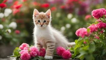ai generado un gatito sentado en un flor jardín foto