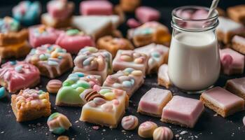 AI generated various pastries and milk on a black background photo