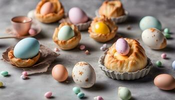 AI generated easter eggs in pastry shells on a table photo