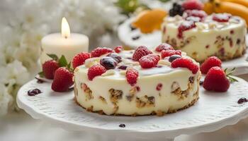 ai generado dos pasteles con bayas y crema en un blanco plato foto