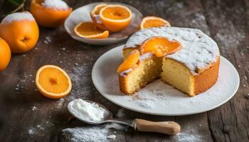 AI generated a cake with orange slices and powdered sugar photo