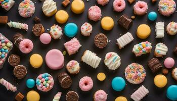 AI generated assortment of colorful sweets on a black background photo