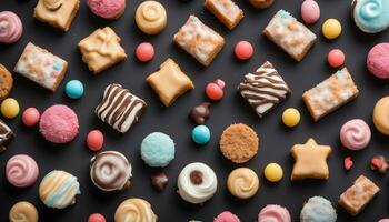 AI generated assorted cookies and pastries on a black background photo