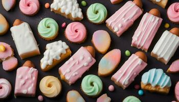 AI generated many different kinds of cookies and pastries on a black background photo