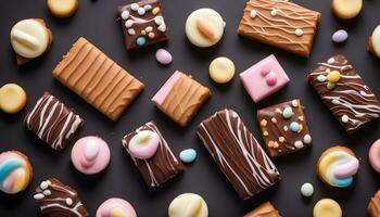 AI generated various types of chocolate and candy bars on a black background photo