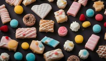 AI generated assorted sweets on a black background photo