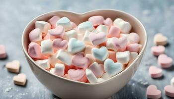 ai generado un cuenco lleno con Malvaviscos en el forma de corazones foto