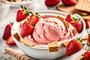 AI generated strawberry ice cream in a bowl with graham crackers and strawberries photo