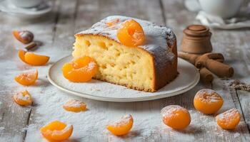 ai generado un pedazo de pastel con naranja rebanadas en un plato foto