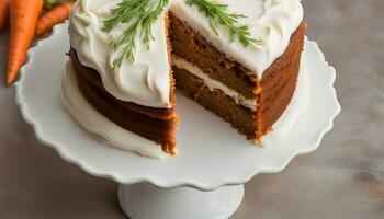 AI generated a carrot cake with cream cheese frosting and a carrot photo