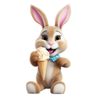 ai généré 3d le rendu de une mignonne Pâques lapin avec crème glacée cône sur une transparent Contexte png