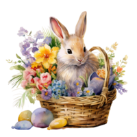 AI generated cute easter Bunny in a basket with flower and eggs on transparent background png