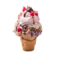 AI generated Ice cream in a waffle cup with topping, caramel and chocolate sprinkles png