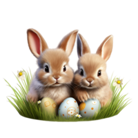 AI generated Rabbits family in the nest with many colorful Easter eggs for Happy Easter Day png