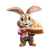 ai généré 3d le rendu de une mignonne Pâques lapin avec anniversaire gâteau sur une transparent Contexte png