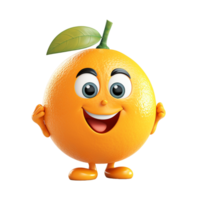 AI generated Cartoon character of orange with green leaf on transparent background, 3d rendering png