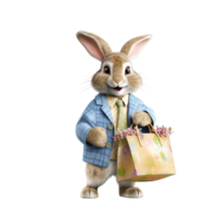 ai généré mignonne Pâques lapin en portant une Pâques cadeau boîte sur transparent Contexte png