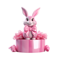 AI generated A cute pink easter bunny with pink bow sitting on a display podium on transparent background png