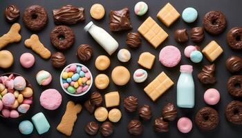 AI generated assortment of chocolate, candies and sweets on a black background photo