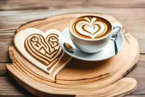 ai generado café con corazón en un de madera mesa foto