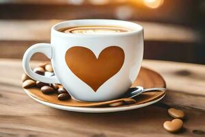AI generated coffee and heart on a wooden table photo