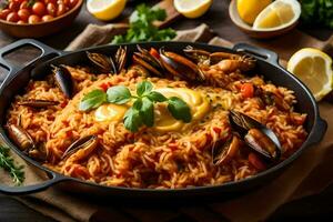 ai generado Español paella con mejillones y arroz foto