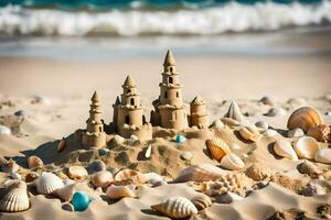 AI generated a sand castle on the beach with shells photo