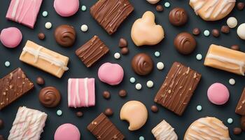 AI generated various types of chocolate and candy on a black background photo