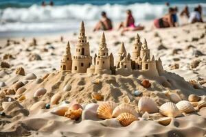 ai generado un arena castillo en el playa con conchas y personas foto